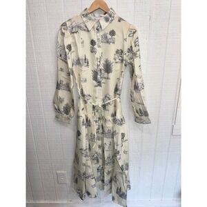 Endless Moon Shirt Dress Women Cream Toile Print Long Sleeve Tie Waist Large